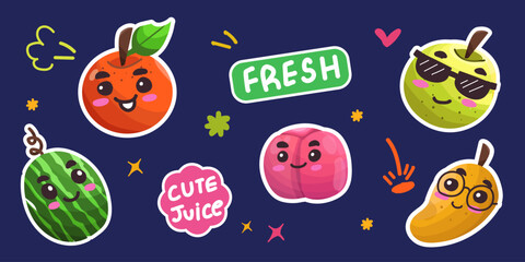 Summer fruit character sticker collection. Cute emoji faces showing emotions. Vector illustrations of pomegranate, orange, guava, watermelon, peach, ripe mango. Fun and cute backgrounds.