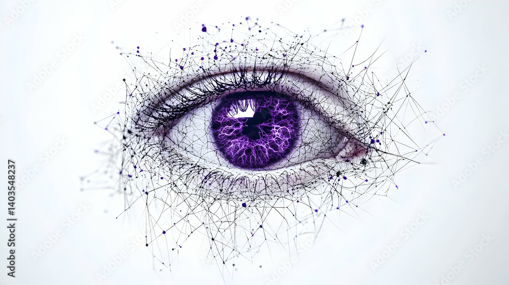Poster abstract purple eye design with digital network connections and geometric particle dispersion on whi