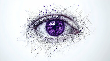 Abstract Purple Eye Design With Digital Network Connections and Geometric Particle Dispersion on White Background
