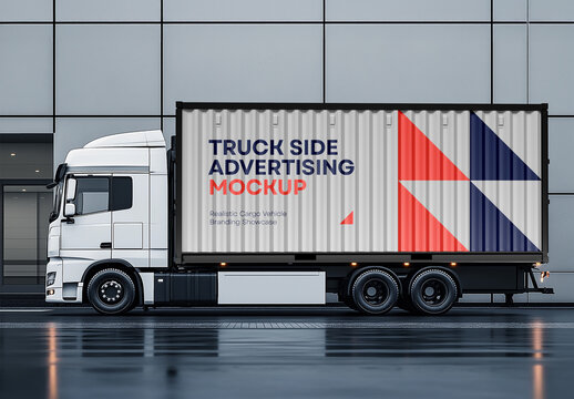 Truck Side Advertising Mockup on Corrugated Container &mdash; Realistic Cargo Vehicle Template for Outdoor Branding, Marketing and Commercial Design Presentation
