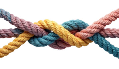 Collective Unity and Group cohesion concept and teamwork as a business metaphor for joining a team as diverse groups of ropes connected together as a corporate symbol for cooperation.
