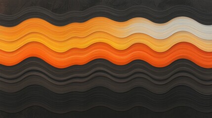 A vibrant abstract composition of overlapping orange, yellow, and white waves against a dark gray background.