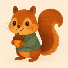 Adorable cartoon squirrel wearing a green sweater, holding an acorn with a happy smile. The squirrel has a fluffy tail, big eyes, and a cozy autumn vibe on a soft beige background.