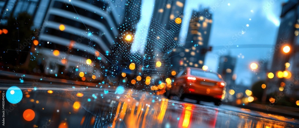 Poster futuristic cityscape with buildings and infrastructure illuminated by a network of digital connectio