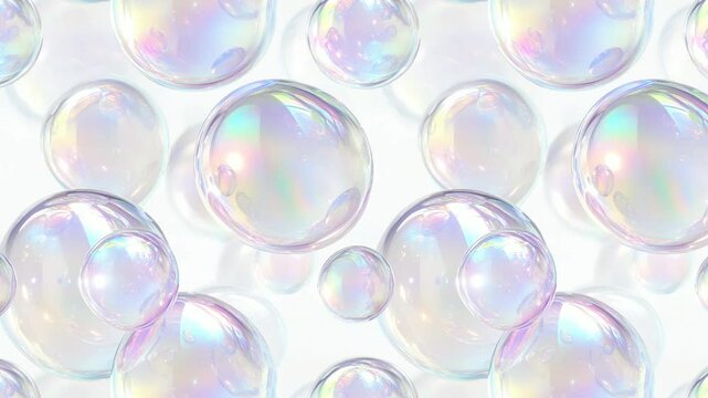 Seamless animation of iridescent soap bubbles floating in a white background.