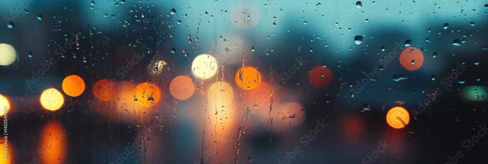 Leinwandbilder raindrops on a foggy window with blurred city lights at dusk creating a nostalgic retro atmosphere