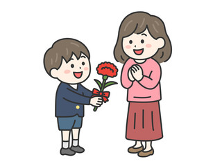 母の日に、カーネーションを母親にプレゼントする、小学生の男の子（線画カラー）のイラスト
