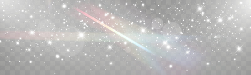 Snowfall with prism light effect, soft winter background, falling snowflakes on transparent backdrop, christmas seasonal design.