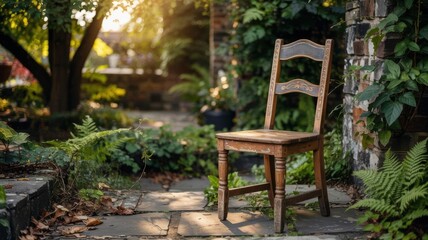 Obraz premium A solitary chair basks in soft sunlight, surrounded by lush greenery, evoking tranquility and quiet reflection. 