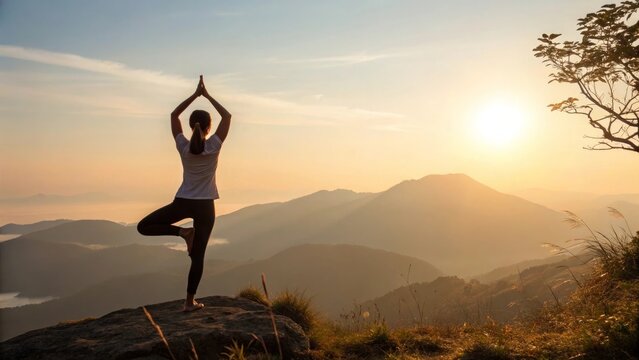 A vibrant woman practices yoga for health and beauty on a sunny mountain, a lifestyle illustration in nature, international yoga day, yoga day concept - Powered by Adobe
