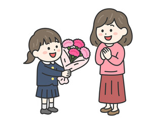 母の日に、カーネーションの花束を母親にプレゼントする、小学生の女の子（線画カラー）のイラスト