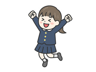 喜んで飛び跳ねる、小学生の女の子（線画カラー）のイラスト