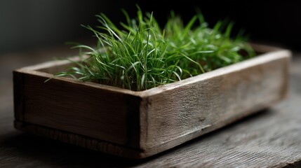 Close-up of a wooden planter box with a small green plant in it. the box is rectangular in shape and appears to be made of light-colored wood with a weathered and aged appearance.
