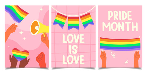 Pride Month concept. Set of posters, templates with LGBT symbols