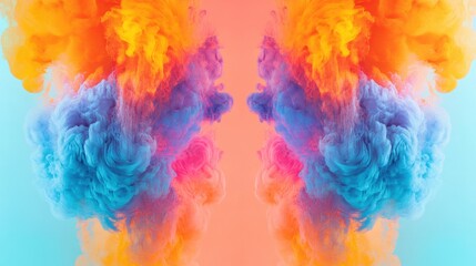 Obraz premium Abstract colorful ink clouds mirrored in vivid symmetry with bright orange blue and pink tones
