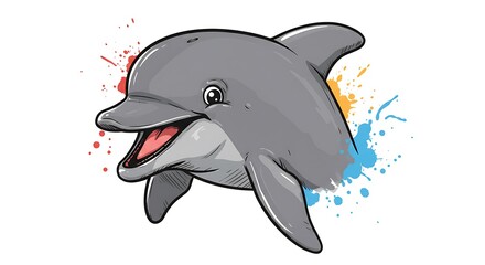 Obraz premium Playful Dolphin Cartoon Illustration: Vibrant Ink Splatter Background AI Generated