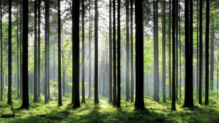 A forest of tall trees with green leaves and brown trunks, casting long shadows on the forest floor.