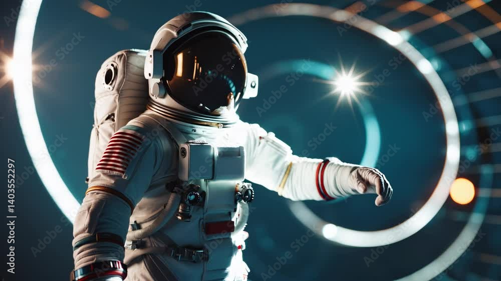 Poster an astronaut in a futuristic setting with glowing circular patterns and bright lights in the backgro
