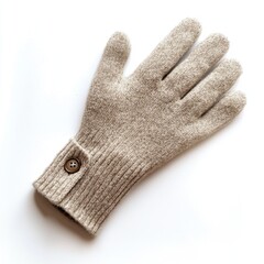 Beige wool knit glove with ribbed cuff and button detail laid flat on white clean surface