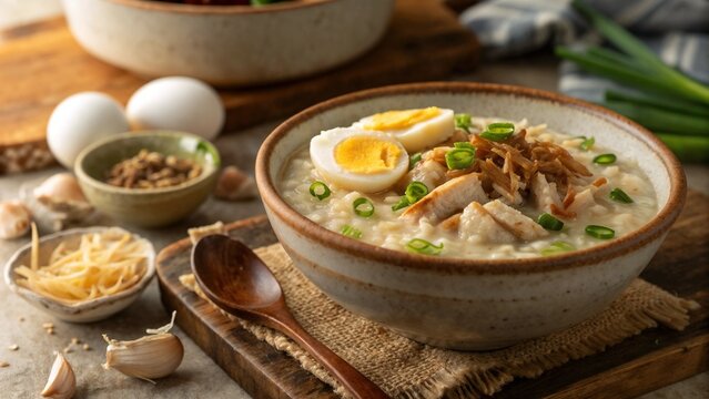 Bowl of arroz caldo with egg garlic and toppings