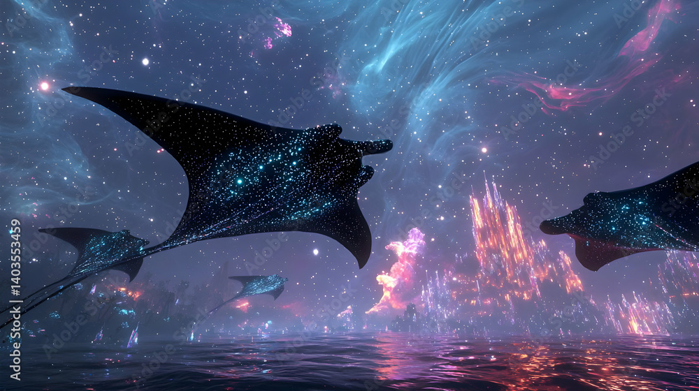 Poster pixelated manta rays gliding through a vibrant starry space with shimmering cosmic effects and abstr