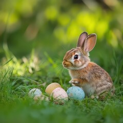 Cute rabbit with colorful eggs in a garden