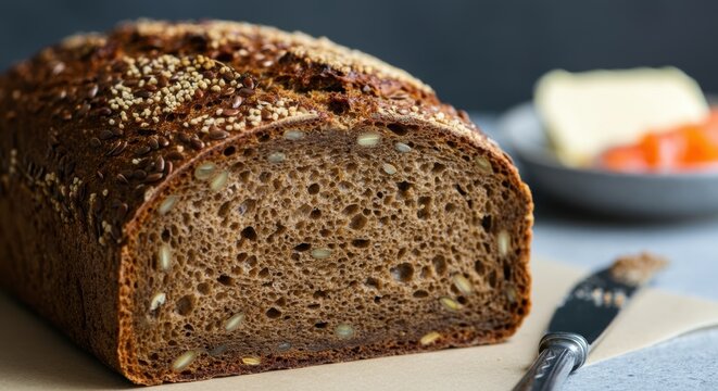 Close-up of freshly baked multigrain bread with seeds and buttered background