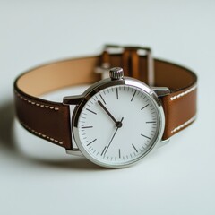 Minimalistic wristwatch with brown leather strap and clean white dial on soft background
