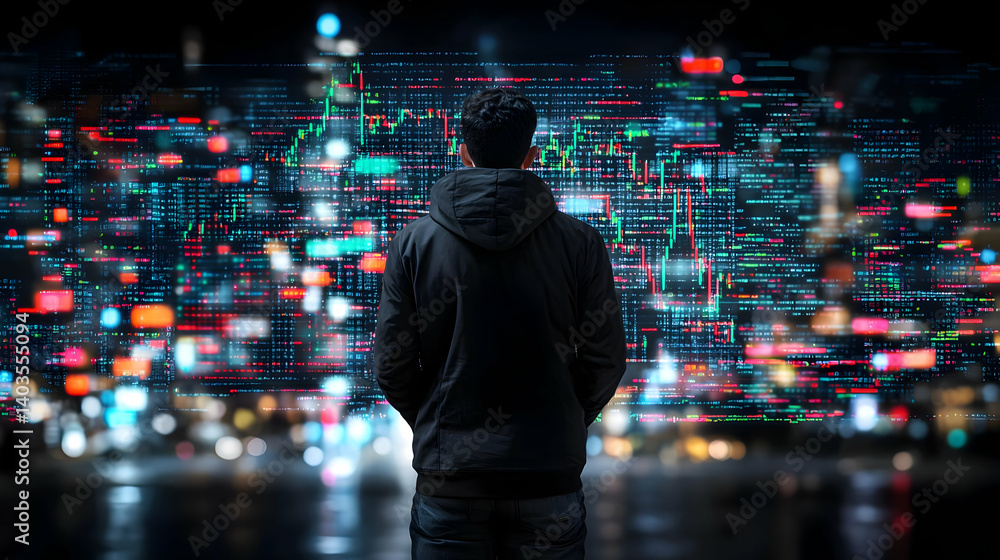Poster man observing data analysis display at night city with bokeh background
