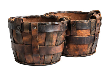 Fototapeta premium Rustic leather bound wooden baskets vintage handcrafted detail aged brown tones dark background