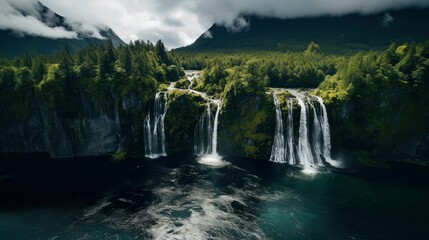 Fototapeta premium Majestic Waterfall Cascading Down Lush Green Cliffs in a Remote Mountain Valley