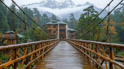 Obraz premium Wooden Bridge Leading to Mountain Lodge in Misty Autumn