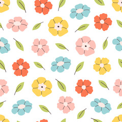 Gentle seamless pattern with colorful flowers. Cute minimalist print. Printing on textiles, wallpaper, wrapping paper. Vector illustration in flat style