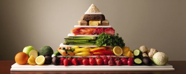A pyramid illustrating the various levels of a healthy eating plan, with varying portion sizes - shopping nutrition vitamins