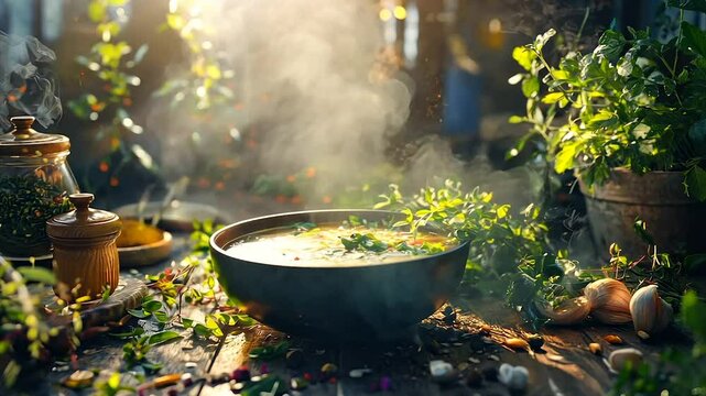 Steaming bowl of soup, herbs, spices, sunlight