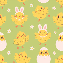Fototapeta premium Seamless pattern with cute little chicks. Easter chicks. Design for banner, wallpaper, textile, wrapping paper, background, cards. Vector illustration in flat style