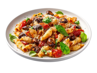 Delicious plate of spaghetti pasta garnished with fresh tomatoes, saut?ed mushrooms, and fragrant basil leaves isolated on a white background.