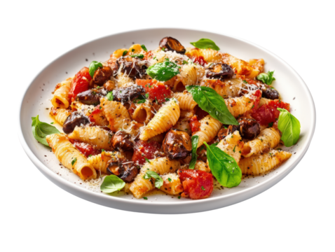 Delicious plate of spaghetti pasta garnished with fresh tomatoes, saut?ed mushrooms, and fragrant basil leaves isolated on a white background.