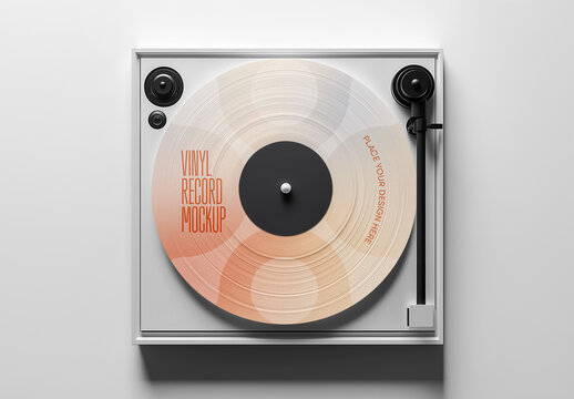 Stylized Vinyl Record Player Mockup for Retro-Inspired Branding and Music Cover Design Presentations &mdash; Top View Scene with Editable Label