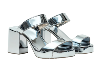 Sleek silver platform sandals stylish double strap design mirror like shine chunky heel