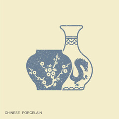 White and blue Chinese vases. Antique Chinese porcelain. Flat vector icon in vintage style