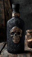 Luxurious matte black liquor bottle with gold skull embellishment and ornate engravings on wood background

