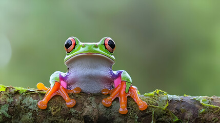 Naklejka premium Closeup of Vibrant Red Eyed Tree Frog on Mossy Branch