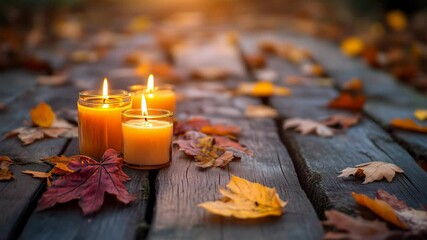 Warm autumn ambiance a cozy display of leaves and candles on a rustic wooden table