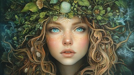 Fantasy forest girl with vivid blue eyes and a detailed leaf crown in magical, dreamy digital artwork

