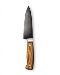 Professional kitchen chef knife with sharp steel blade and elegant wooden handle on white background
