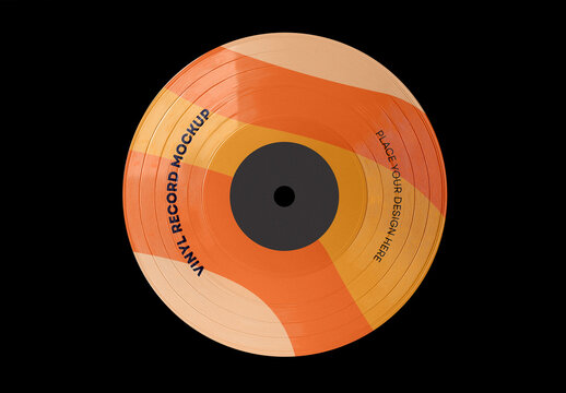 Minimalistic Vinyl Record Mockup with Retro Abstract Design on Black Background &mdash; Top View for Album Cover Presentation