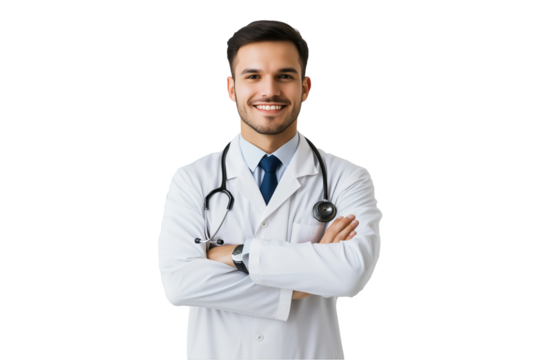 Doctor provider in white lab coat, light blue shirt, and blue tie with arms crossed on transparent background