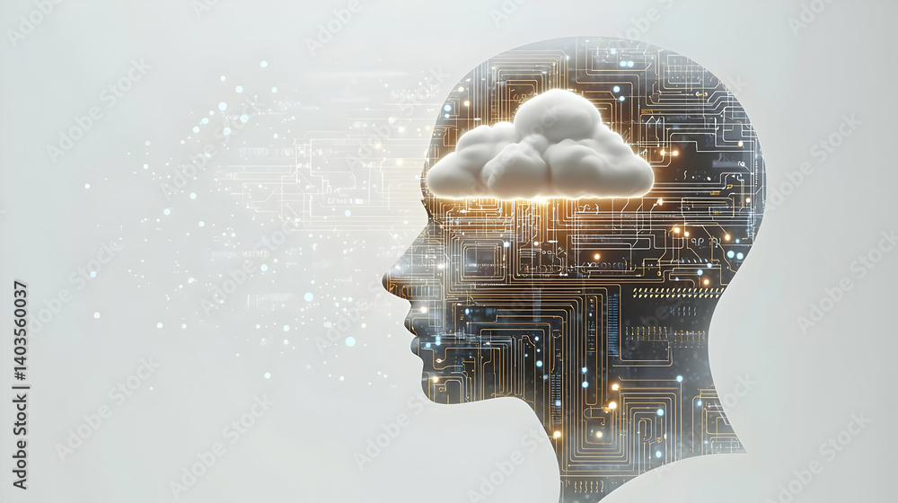 Poster profile view of a human head with cloud and circuit board design