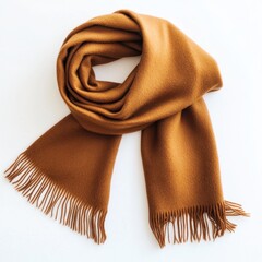 Golden brown wool scarf with elegant fringe design softly wrapped in folds